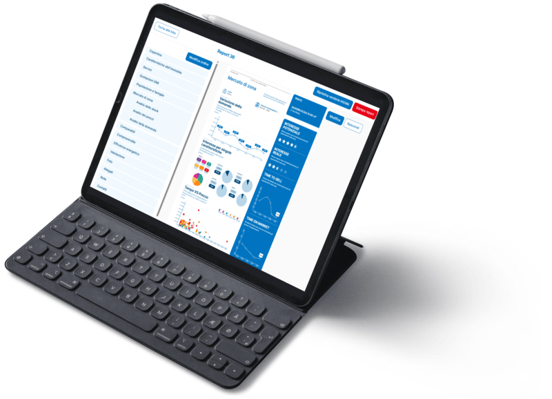 Report Valuta Immobile di Insights Pro su tablet con tastiera